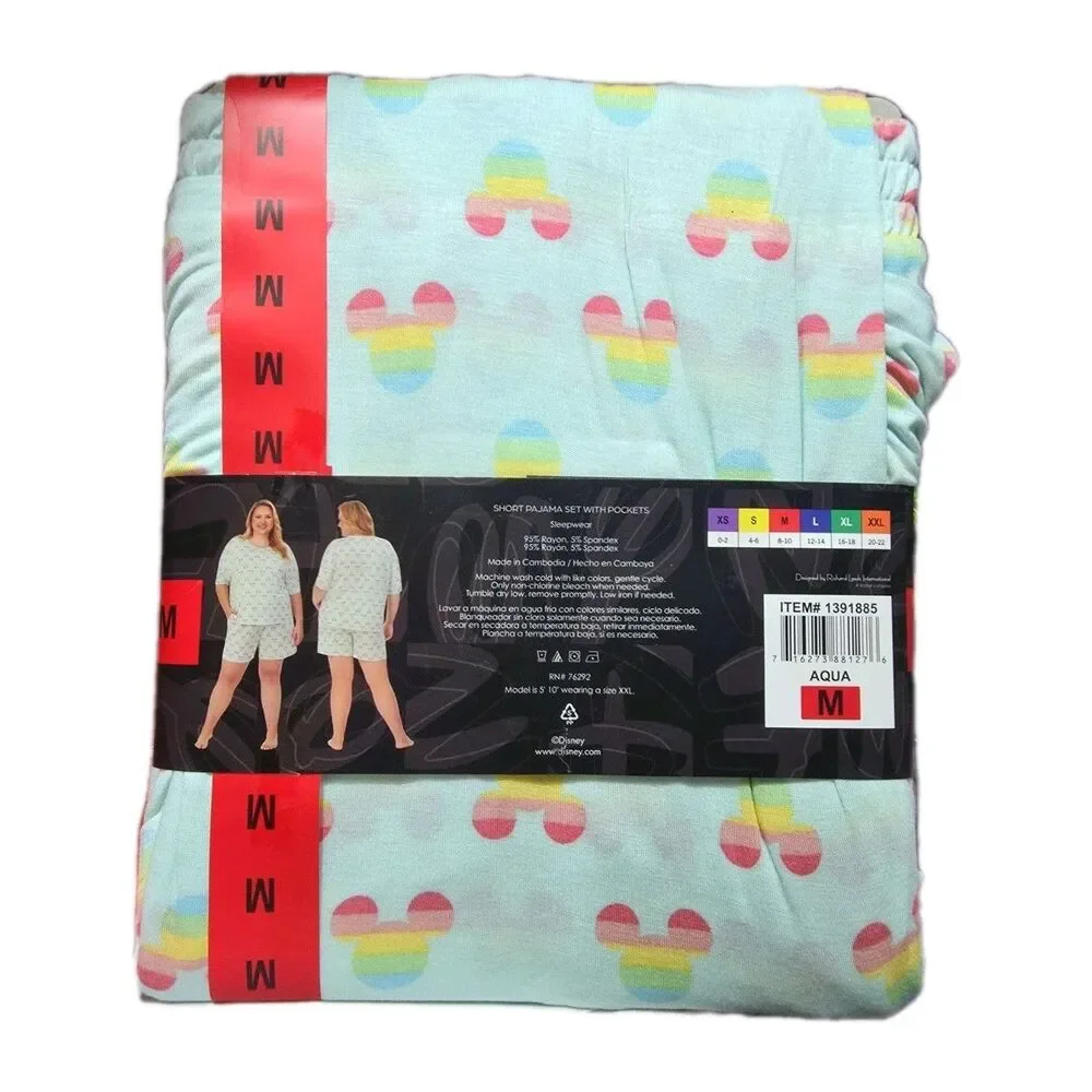 Disney Women's Mickey Mouse Short + Tee Pajama Set w/ Pockets Size M Aqua Blue - Picture 7 of 8